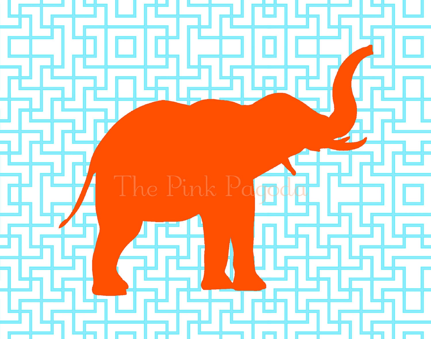 Tangerine Orange Elephant Silhouette on Turquoise Lattice Facing Right Giclee 11x14