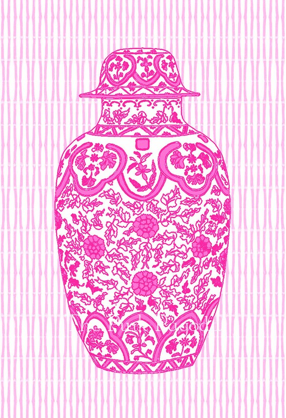 Hot Pink Ming Chinoiserie Ginger Jar on Bamboo Stripe 11x14 Giclee