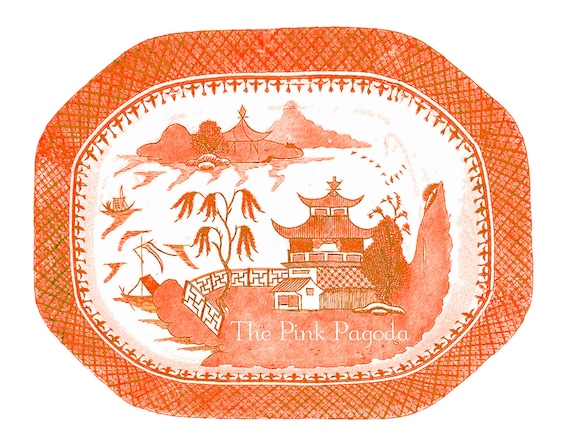 Blue Willow in Orange Chinoiserie Platter 11x14 Giclee