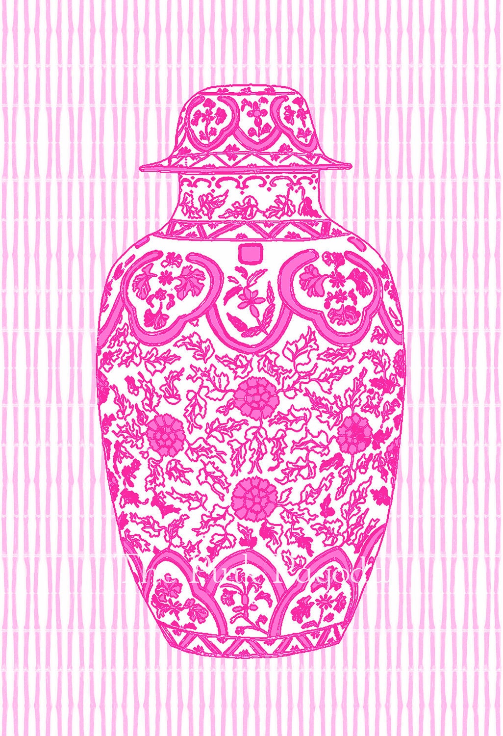 Hot Pink Ming Chinoiserie Ginger Jar on Bamboo Stripe 11x14 Giclee