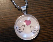 Pink Love birds glass domed original art pendant necklace