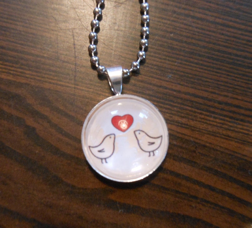 Red Love birds glass domed original art pendant necklace