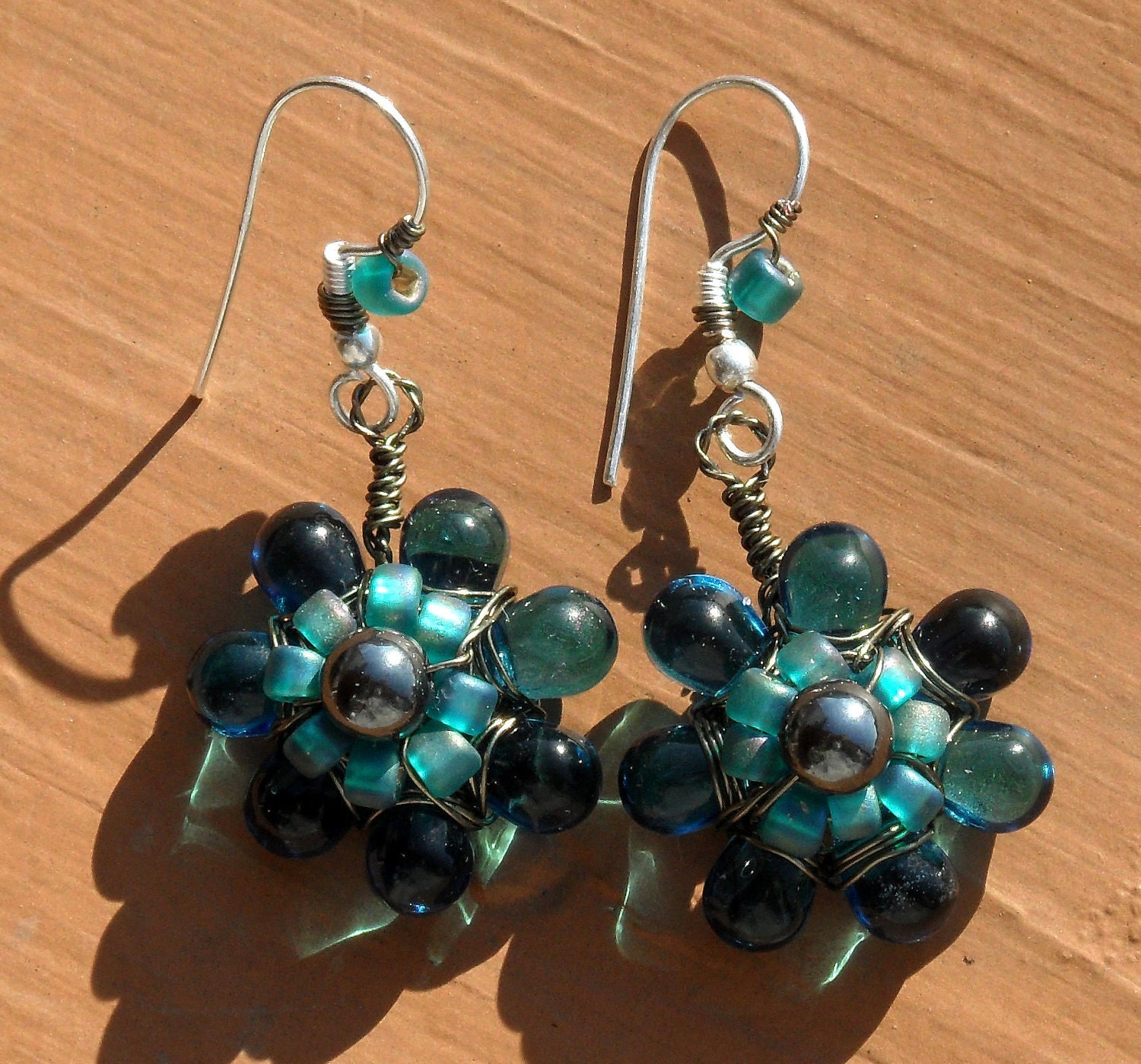 Funky Wire Wrapped Flower Daisy Teal Blue Aqua Earrings