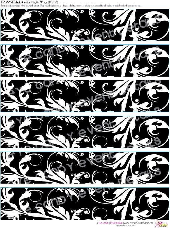 DAMASK black & white Wedding / Shower Printable DIY Napkin Wraps Il_570xn
