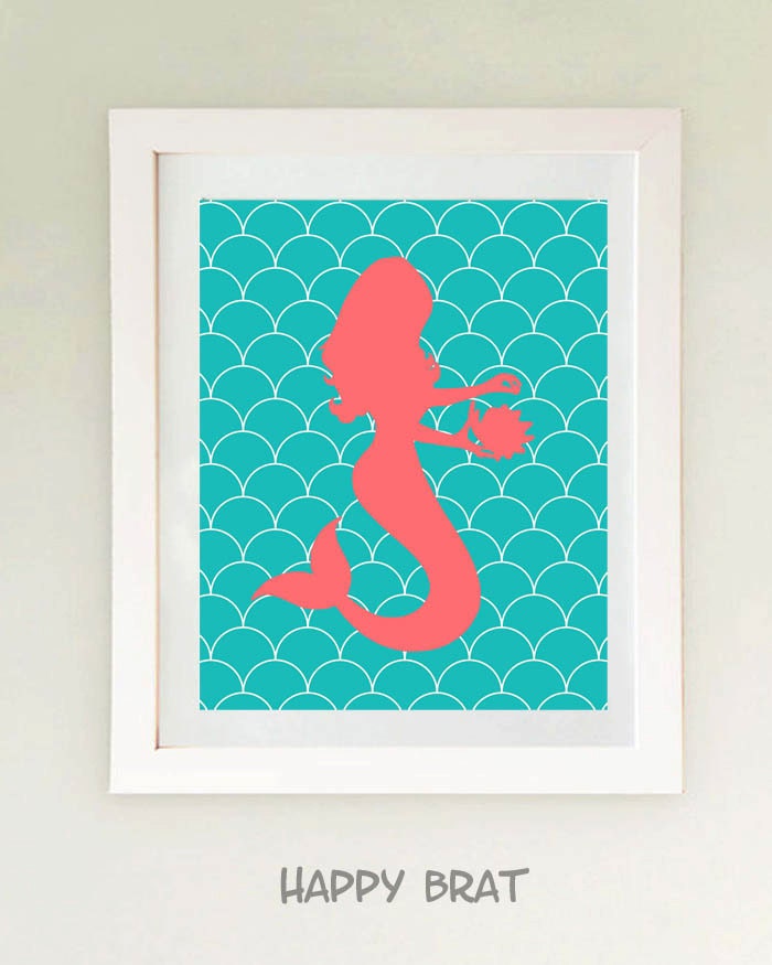 Mermaid Art, Coral and Turquoise,Mermaid Print -Modern Art Prints 8 x 10