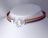 SALE Steampunk Computer Cable Choker -- Rainbow and Gear Necklace for Lesbian Gay Pride