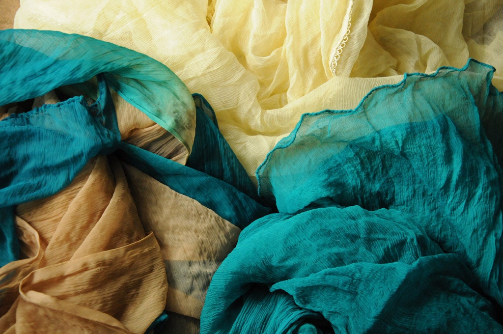 Bundle of Indian Sari Fabric, silk chiffon 3 Complete Sarees, cream jade teal material for crafts, accessories ribbons