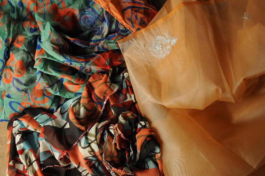 Bundle of Indian Sari Fabric, silk chiffon 3 Complete Sarees, orange tribal teal green peach material for crafts, accessories ribbons