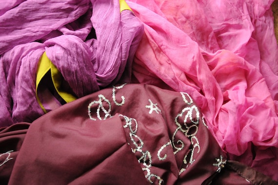 Bundle of Indian Sari Fabric, silk, chiffon, 3 Complete Sarees, sequin pink purple material for crafts, dressmaking, accessories ribbons