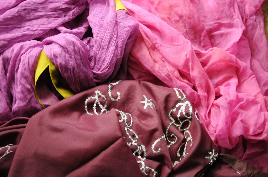 Bundle of Indian Sari Fabric, silk, chiffon, 3 Complete Sarees, sequin pink purple material for crafts, dressmaking, accessories ribbons