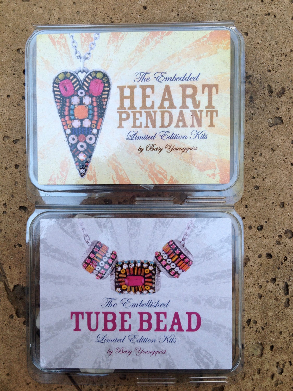 The Embedded Heart Pendant Limited Edition Kit by Betsy Youngquist and The Embellished Tube Bead Limited Edition Kit by Betsy Youngquist