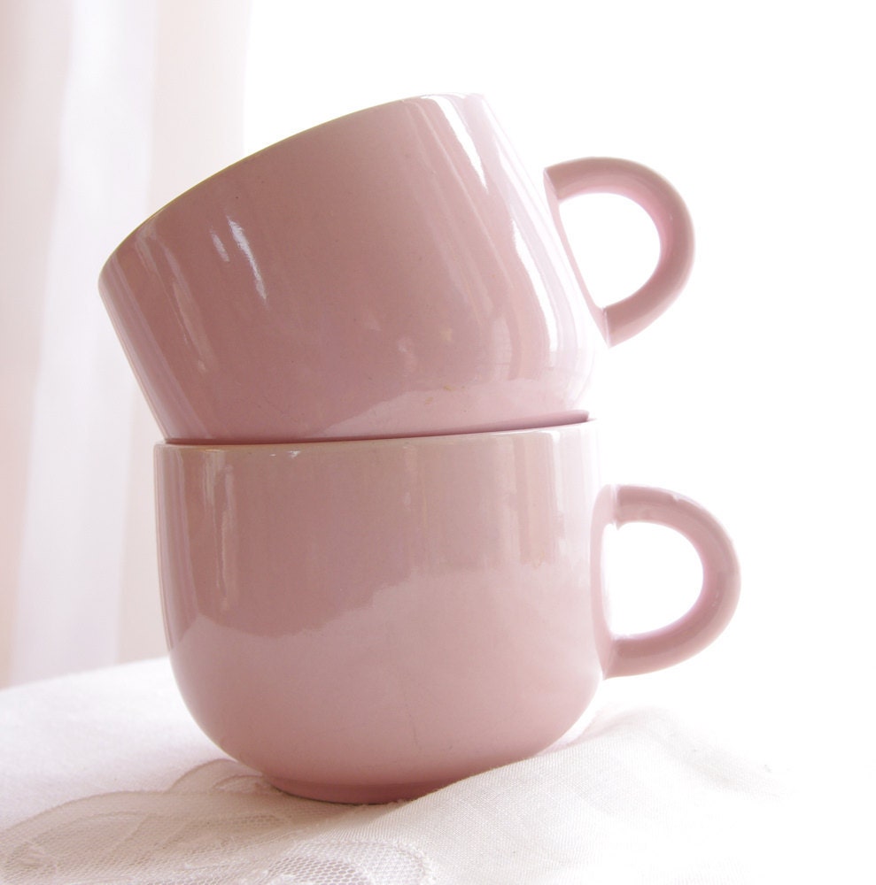 Vintage Mugs Pink Peach Stoneware Tea Cups Coffee Mugs Shabby Chic Rose Feminine Romantic, Set of 2- Vintage Home Decor - VintageHouseDecor