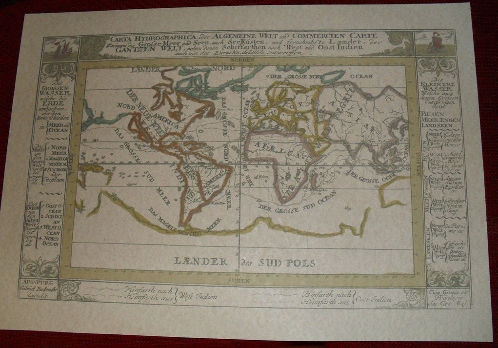 Replica 1716 German World map showing shipping routes to the East and West indies