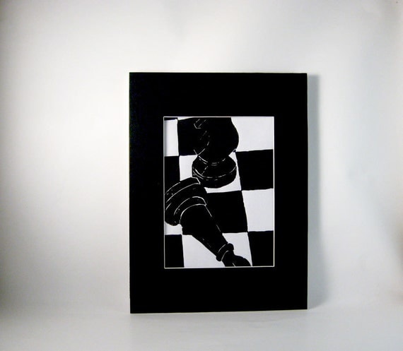 Black and white chess board two matted linocut prints