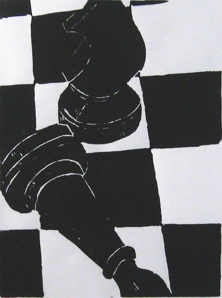 Black and white chess board two matted linocut prints