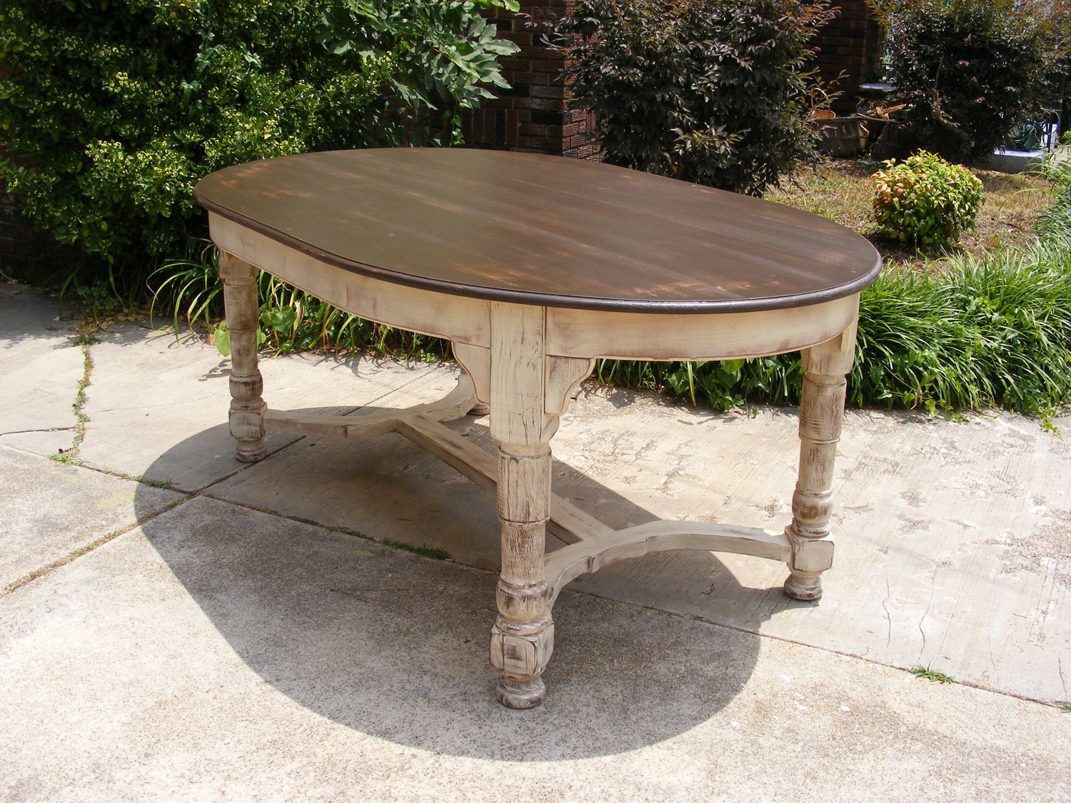 Oval Dining Table Completely Handcrafted Distress Brown Top and Distressed Ivory Bottom