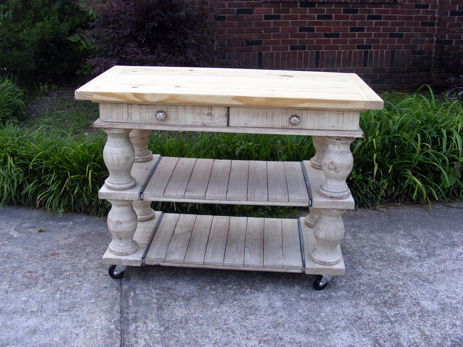Solid Pine Kitchen Island Ivory Legs and Natural Top With Drawers and Slide Out Shelves On Casters