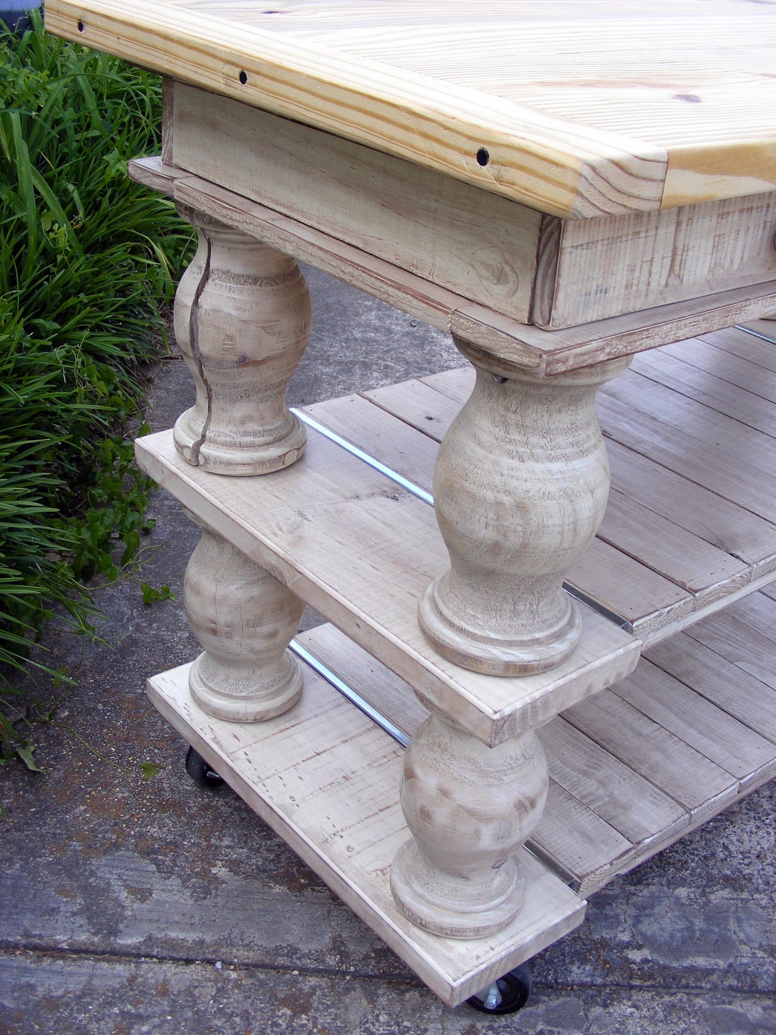 Solid Pine Kitchen Island Ivory Legs and Natural Top With Drawers and Slide Out Shelves On Casters