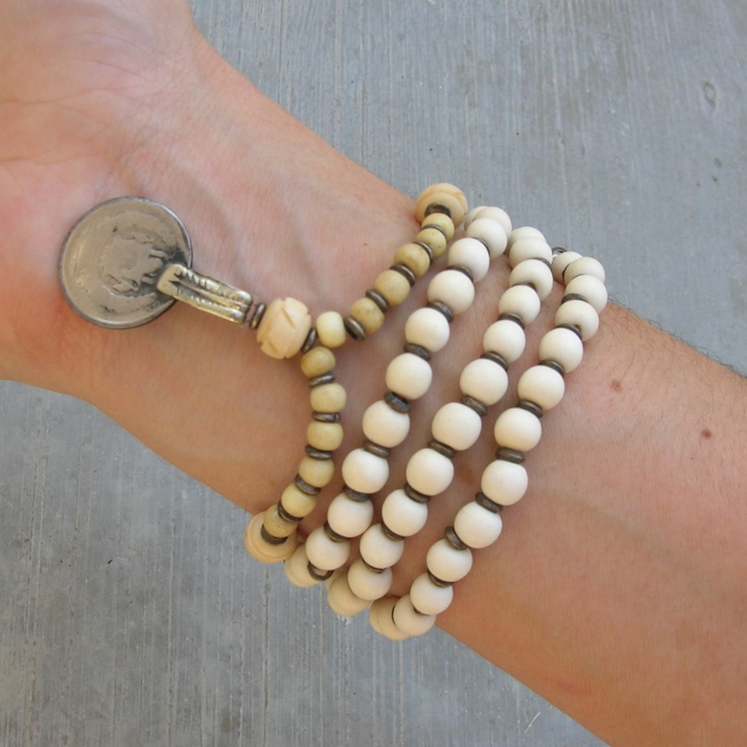 108 mala white wood prayer beads, African trade beads and hand carved bone necklace or bracelet