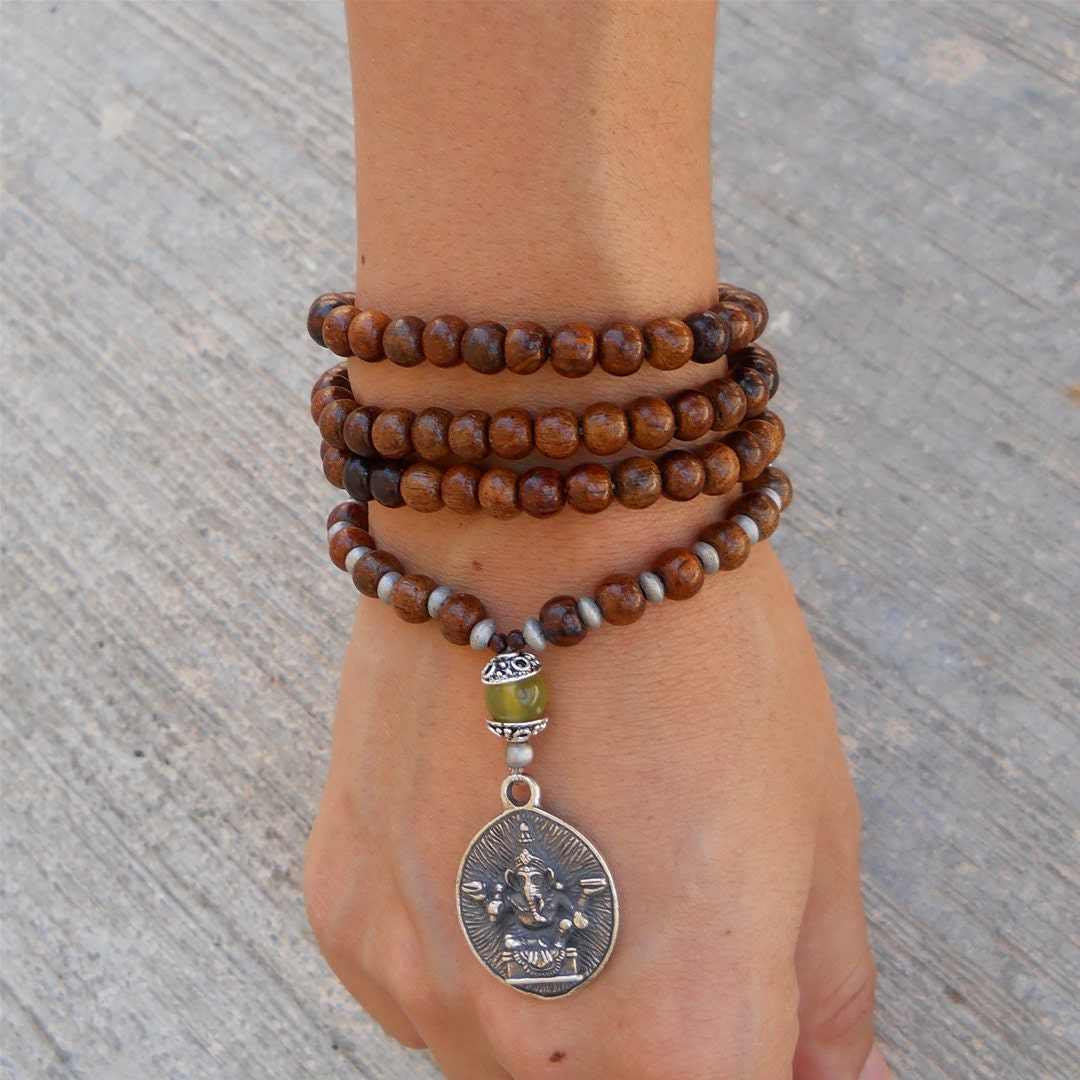 success - 108 mala wood prayer beads and Lemon jade bead wrap yoga bracelet or necklace, with Ganesh pendant