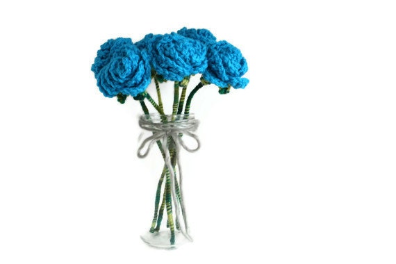 6 Crochet Blue Roses Bouquet, Half A Dozen, Bright Blue, Handmade Flowers, Custom Made in Australia