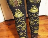 Pirate Tights Narwhals Small Medium Gold on Black Women Nautical Tattoo Sailor