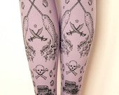 Pirate Printed Tights Sailor Tattoo Small Medium Black on Lavender Lilac Pastel Purple Women