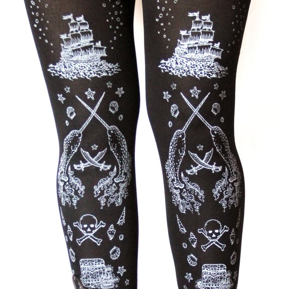 Pirate Printed Tights Small Medium Silver on Black Women Tattoo Sailor Nautical Squid Anchor