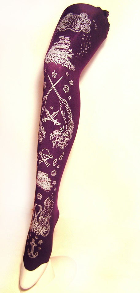 Pirate Printed Narwhal Tights Purple Small Medium Silver on Aubergine Womens Nautical Tattoos Octopus Squid Sailor