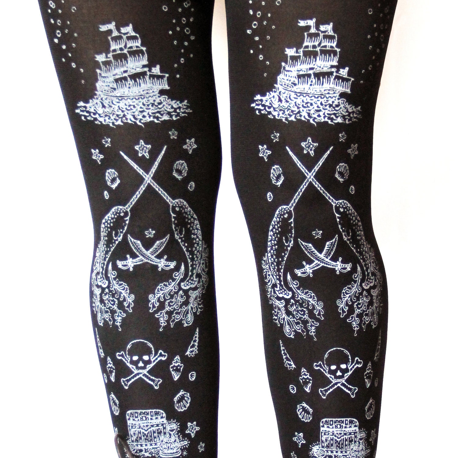 Pirate Printed Tights Small Medium Silver on Black Women Tattoo Sailor Nautical Squid Anchor