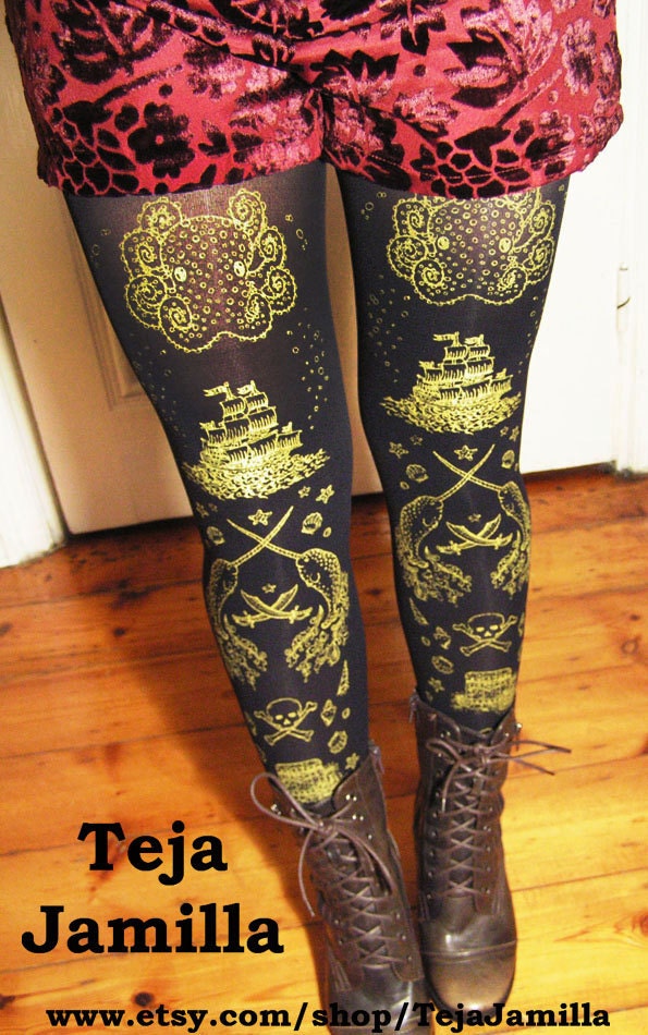 Pirate Tights Narwhals Extra Large Plus Size XL Gold on Black Women Tattoo Sailor Anchor