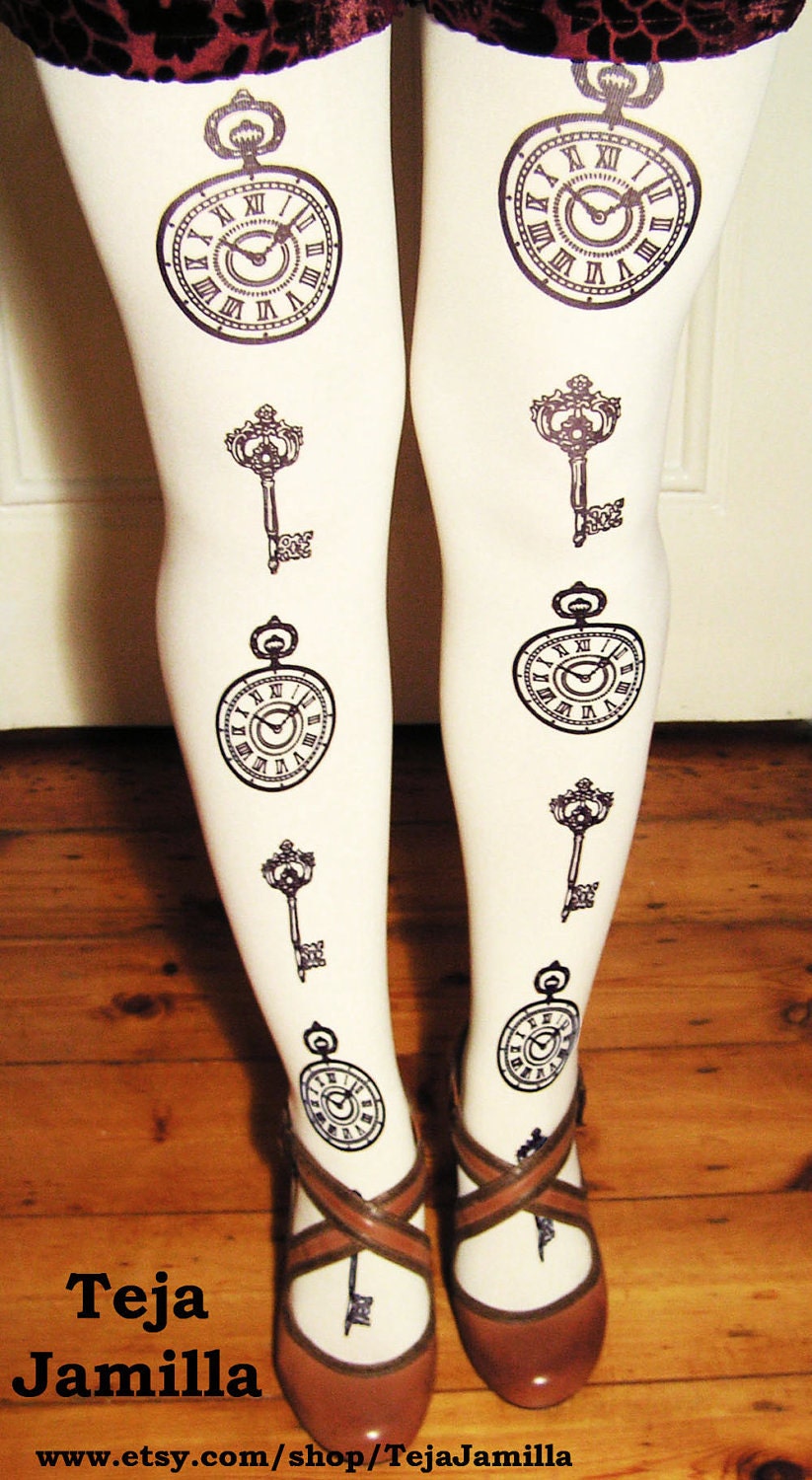 Alice in Wonderland Pocket-Watch & Keys Printed Tights Black White Small Medium Women