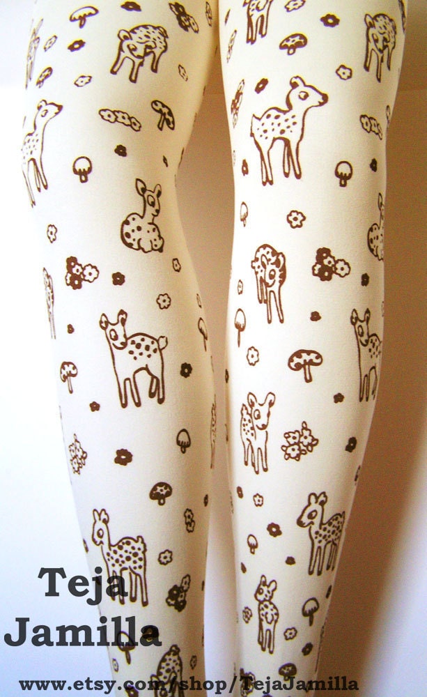 Deer Tights Fawn & Mushroom Print Small Medium Brown on Cream Women Mori Girl Forest Toadstool Woodland Floral Flowers