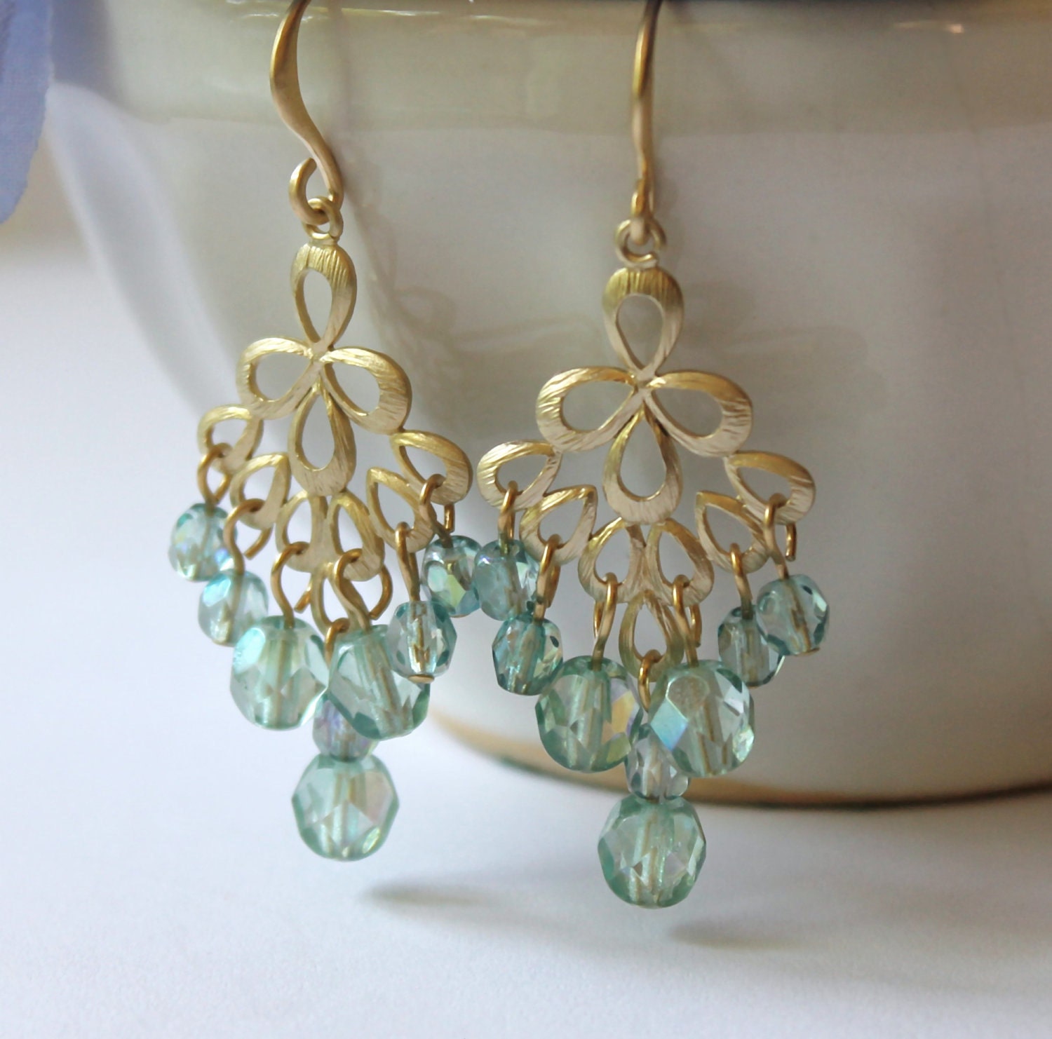 Mint Green Gold Peacock Chandelier Earrings, Drop Earrings, Dangle Earrings, Bridal Jewelry, Birthday, Anniversary, Irish Jewelry, Trendy