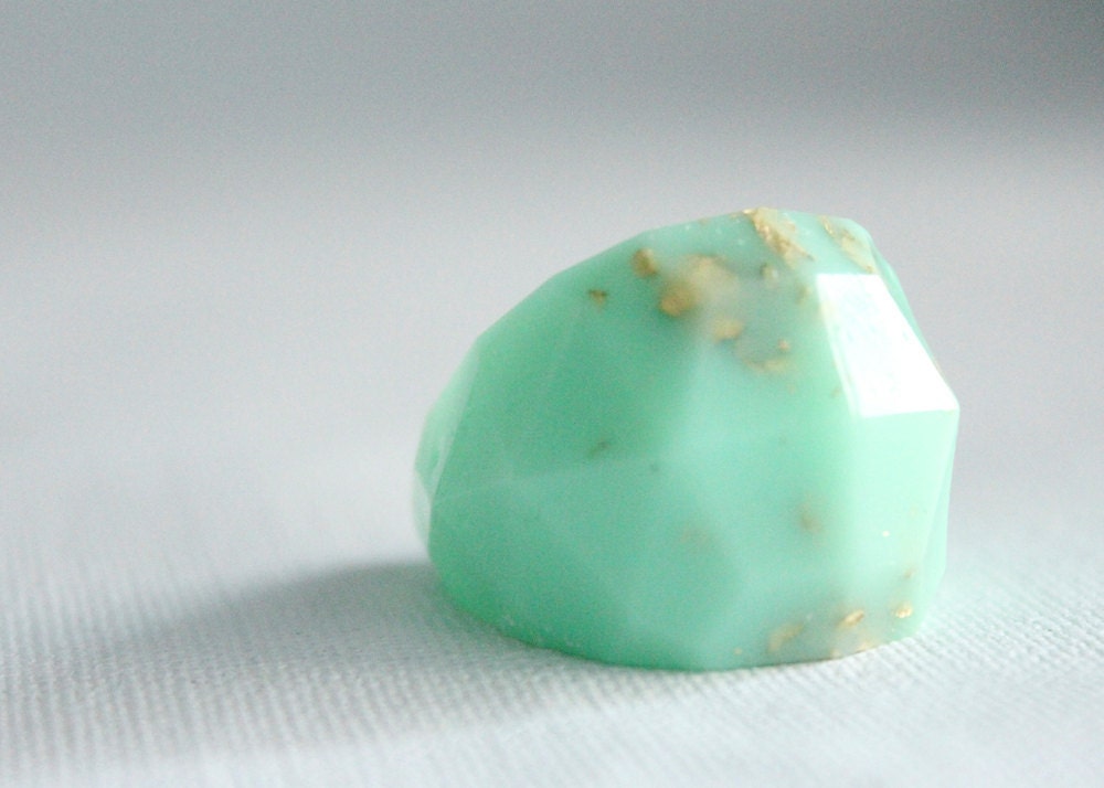 mint gold multifaceted eco resin ring with suspended gold leaf
