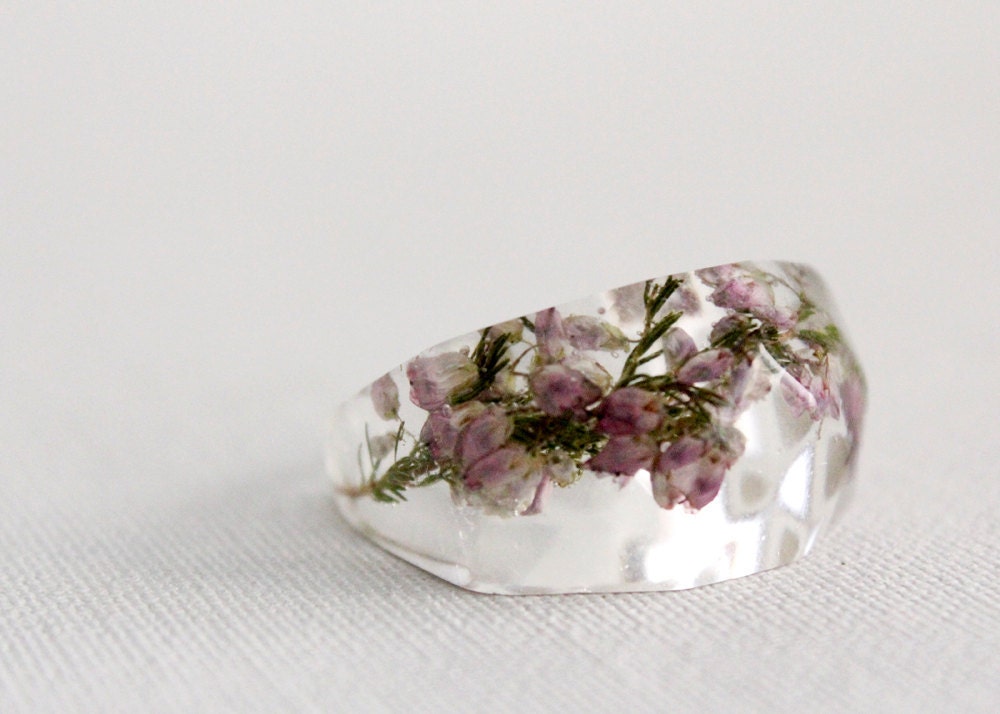 pale pink heather flower multifaceted eco resin ring