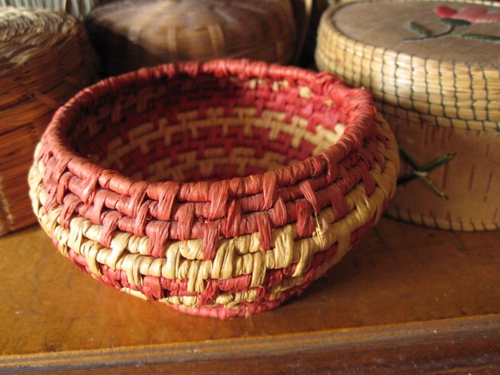 Woven basket, handmade, coiled bowl, rust and taupe stripes, Native American Indian style, southwestern