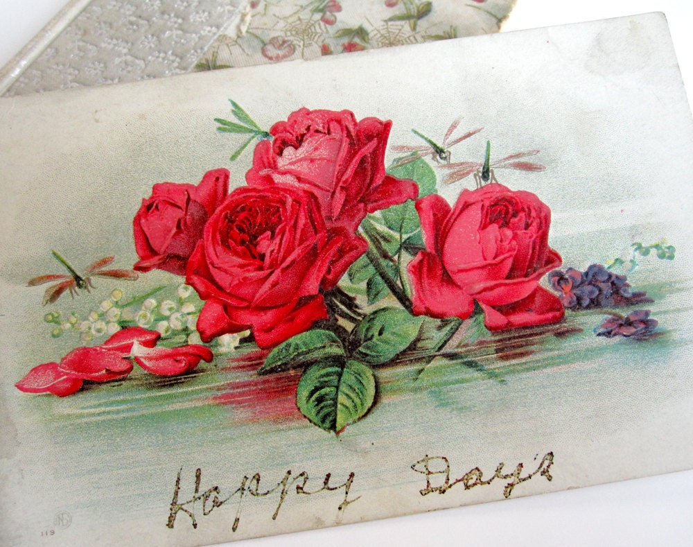 Vintage postcard, embossed antique Edwardian card with tinsel "Happy Days," red roses, dragonfly, lily of the valley, water, glitter