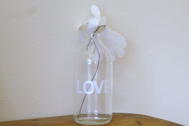 Wedding table centrepiece. LOVE. Large recycled typographic glass apothecary bottle