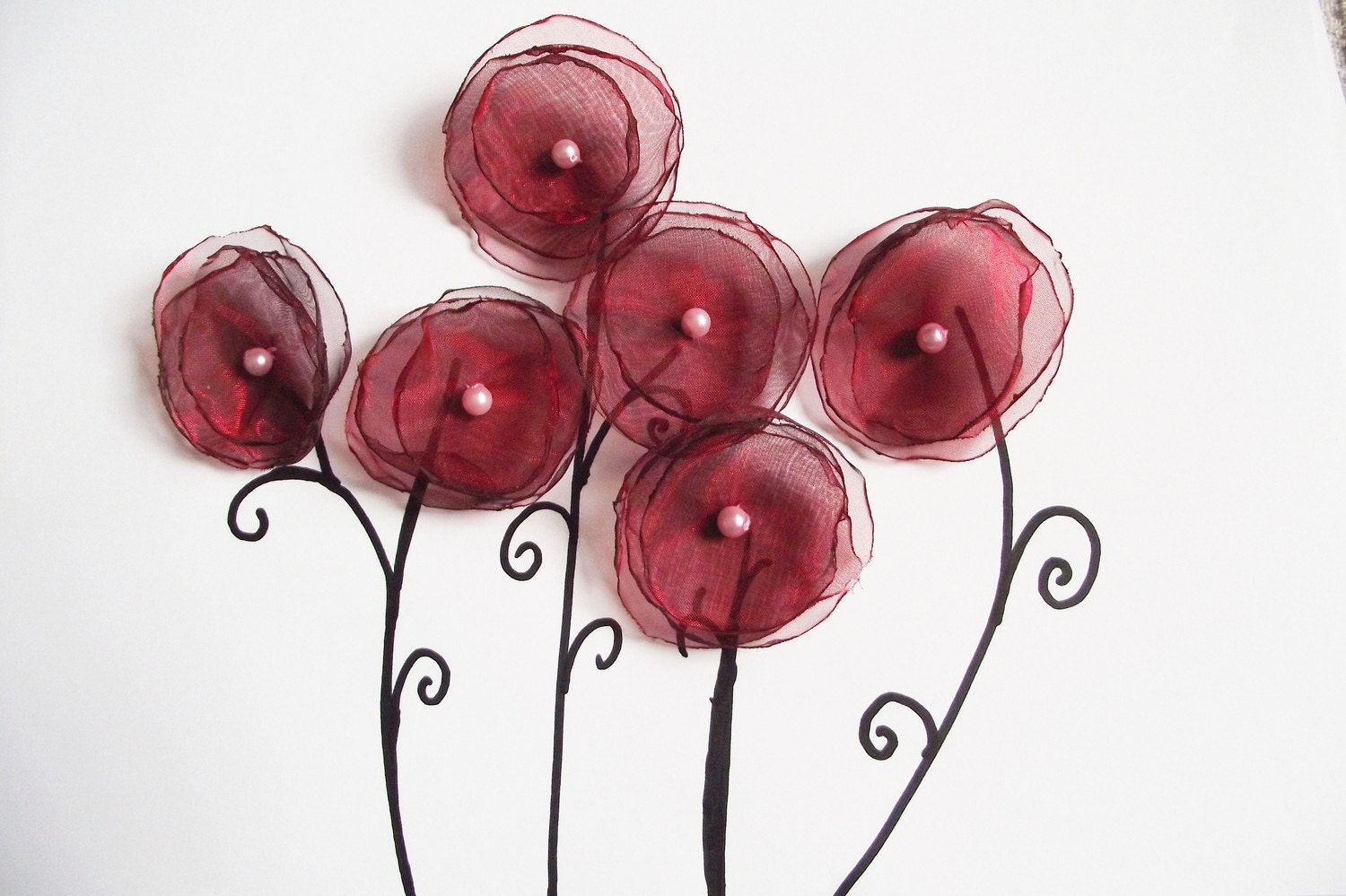 Burgundy organza handmade flower roses for wedding table decor applique hair accesoires (6 pcs set)