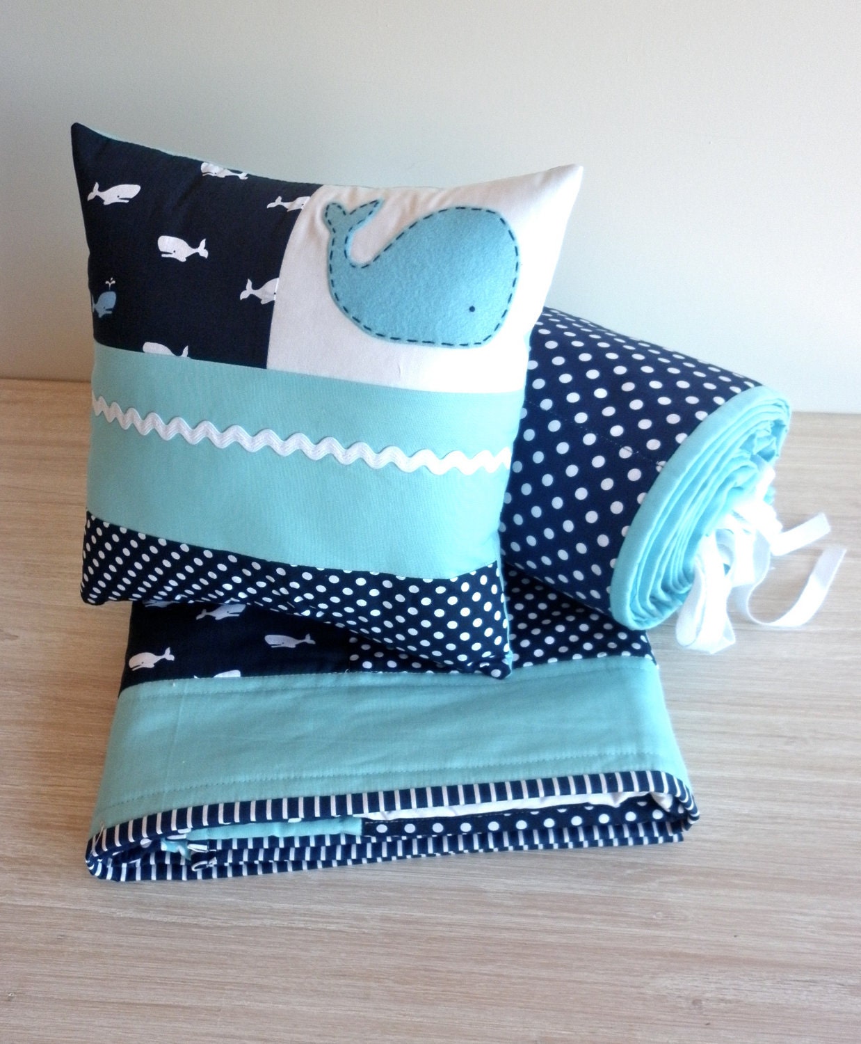 WHALE Quilt Set, Baby Boy Crib Quilt , Spot bumper set and Patchwork Pillow -Ready to ship..last of whale fabric