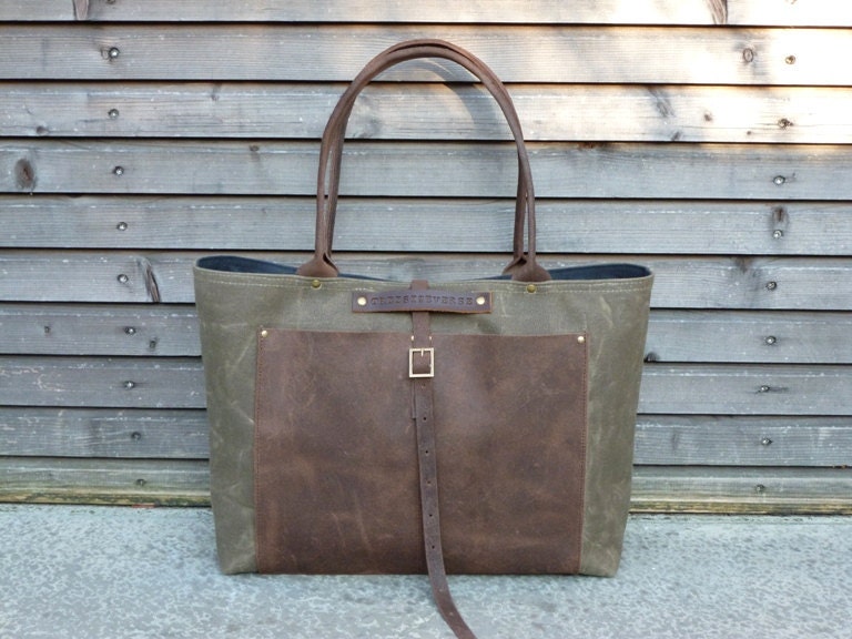Waxed canvas tote bag/ carry all with waxed leather handles and waxed leather outside pocket COLLECTION UNISEX