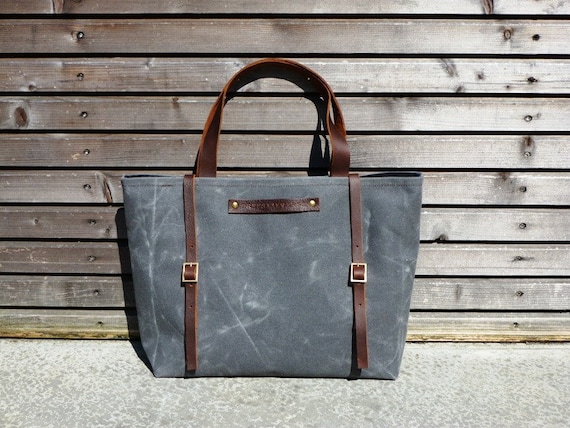 Waxed canvas bag/ carry all with leather handles and double buckle closure with straps COLLECTION UNISEX