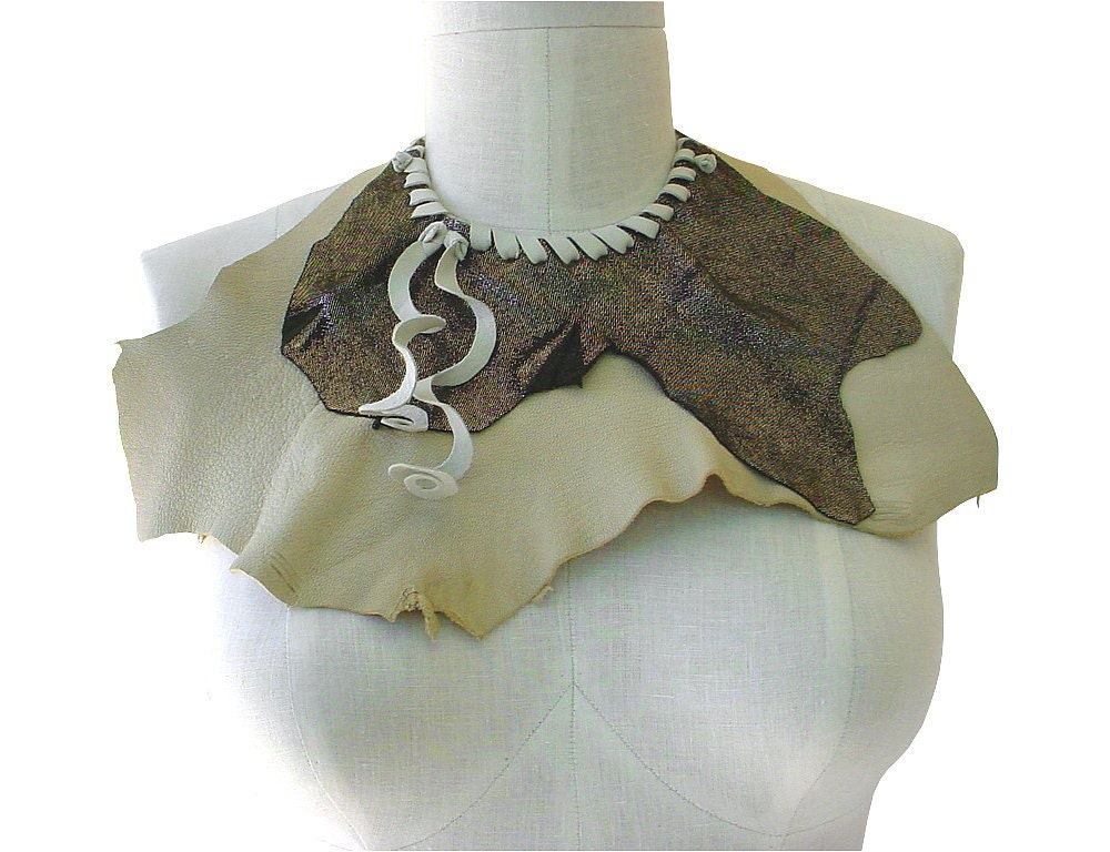 Metallic Leather Bib Necklace Spiral Fringe Layered Collar, Ascot, Statement Necklace, Avant Gard Leather Scarf, Tan Olive White in stock
