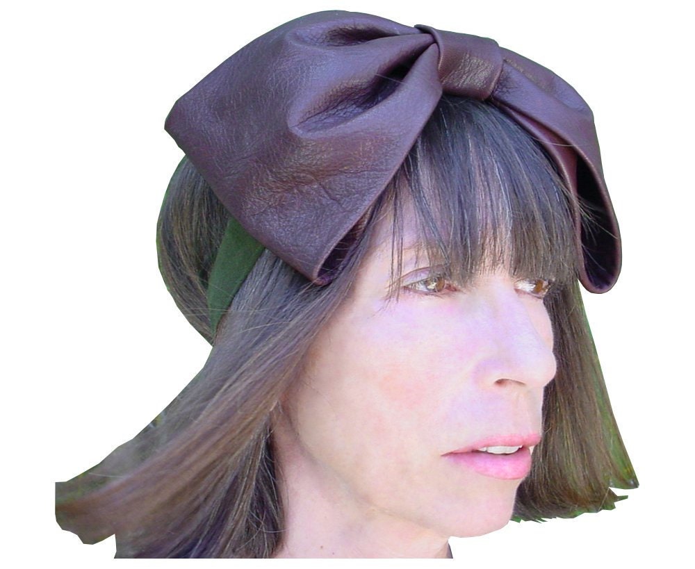 Big Hair Bow, Brown Leather Bow Hair Wrap, Brown Leather Bow Headband, Bride Headpiece, Olive Suede Sash, Chocolate Brown Bow  S, M, L