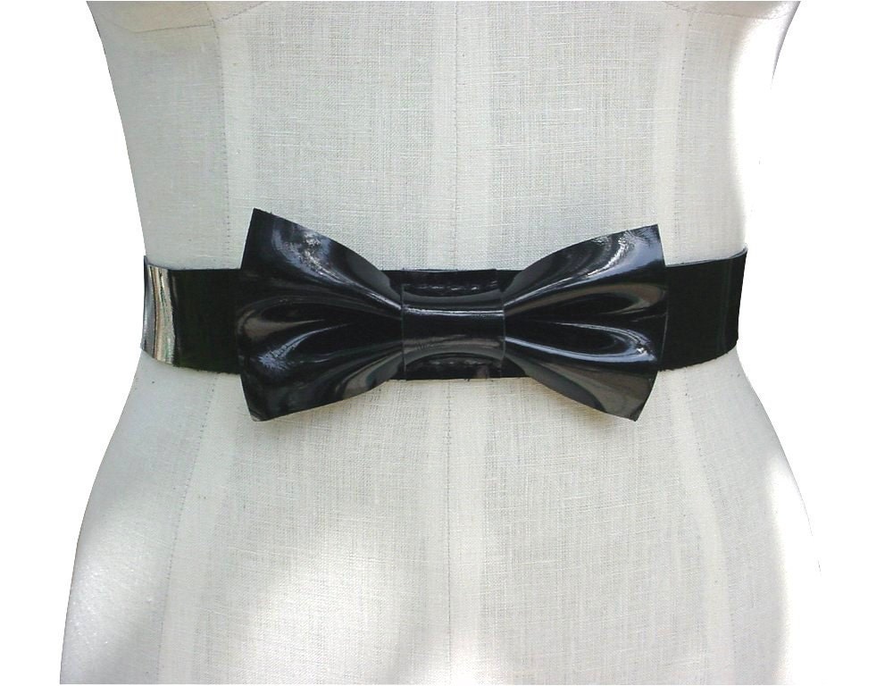 Black Patent Leather Bow Sash Belt Wedding Dress Sash Belt sz 27 28 waist