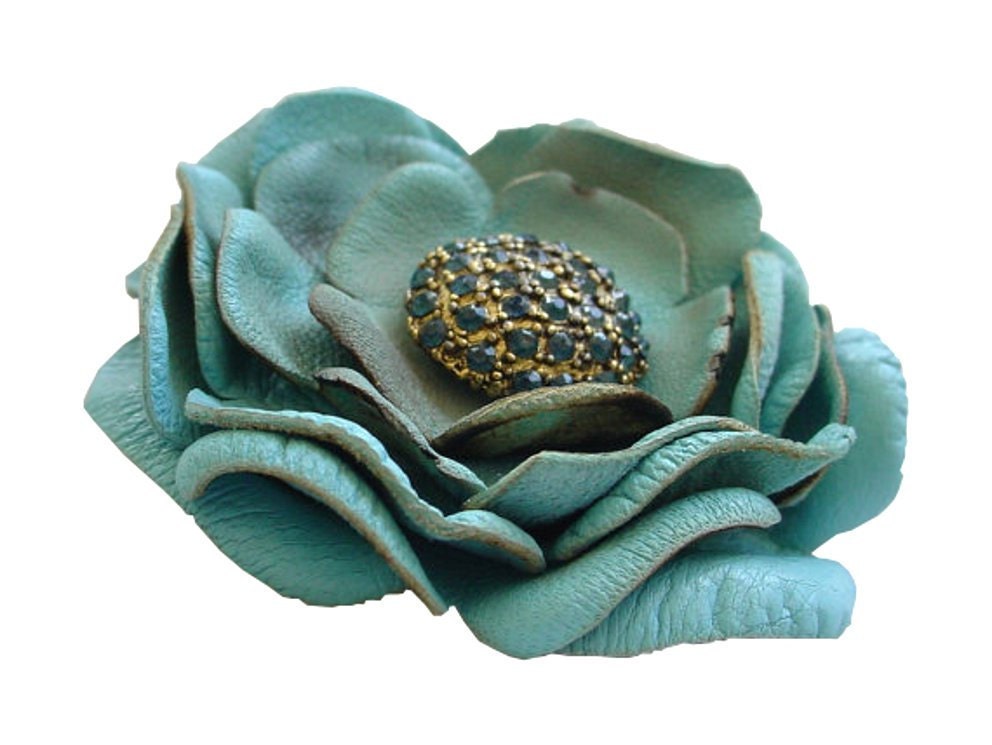 Seafoam Leather Flower Brooch, Boutonniere, Blue Glass Vintage Button Center 2 1/2" in stock