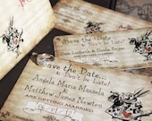 Vintage, Alice in Wonderland Themed Save the Date ticket post card. Morphart illustration.