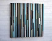Modern Wood Sculpture Wall Art - Lines - 36 x 36 - Blues and Greens