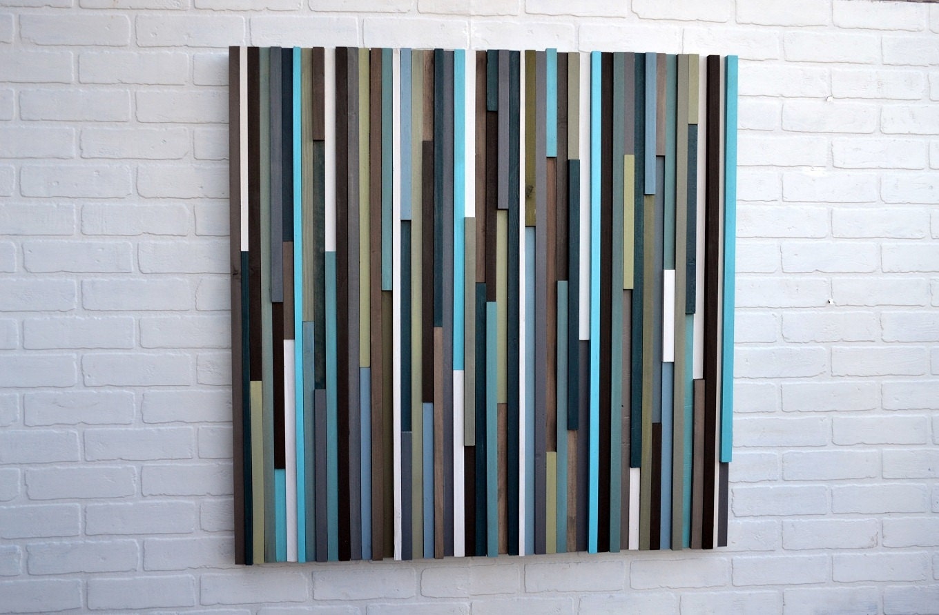 Modern Wood Sculpture Wall Art - Lines - 36 x 36 - Blues and Greens